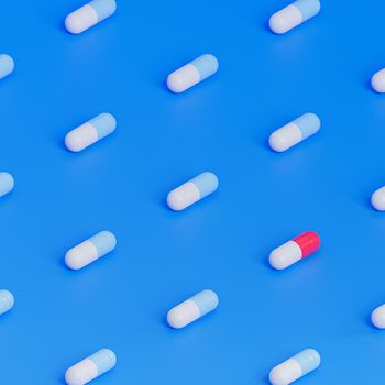 Capsule pills pattern on blue background, healthcare medical concept, antibiotics and cure, 3d render
