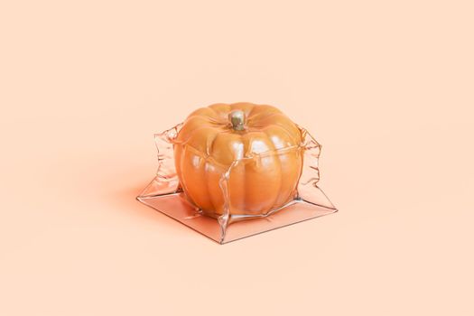 Pumpkin in vacuum packaging on beige background for advertising on autumn holidays or sales, 3d render