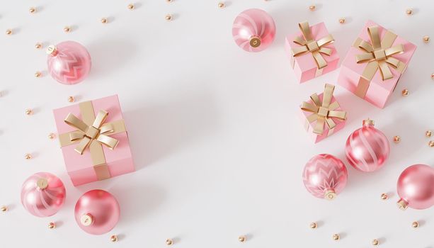 Pink gift boxes with golden ribbon and baubles on white background, 3d render