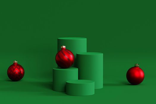 Christmas or New Year holidays background, green podiums or pedestals for products or advertising with baubles, 3d render