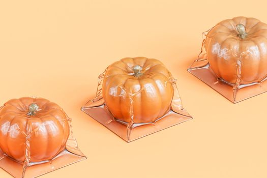 Pumpkins in vacuum packaging on beige background for advertising on autumn holidays or sales, 3d render