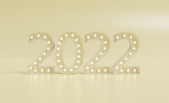 light bulb sign with the number 2022 for new year celebration and golden background. 3d rendering