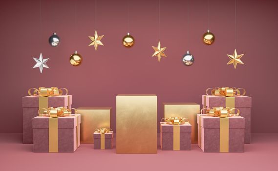 golden podiums with gift boxes around them and christmas ornaments hanging on top for product display. 3d rendering