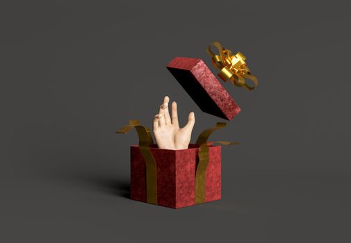 open gift box with a hand coming out of it on dark background. 3d rendering