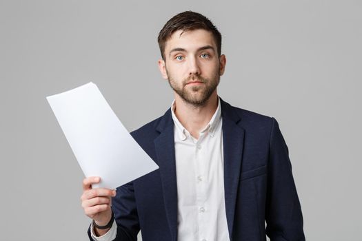 Business Concept - Portrait Handsome Business man serious working with annual report. isolated White Background. Copy space.