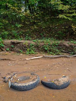 Abandoned tires in a stream in a city park. Bad ecology