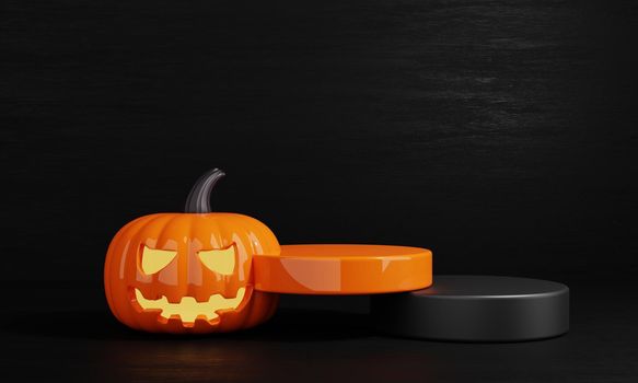 Halloween day orange and black pumpkin product podium stage for empty advertisement background. Holiday and season concept. Spooky and funny theme. 3D illustration rendering