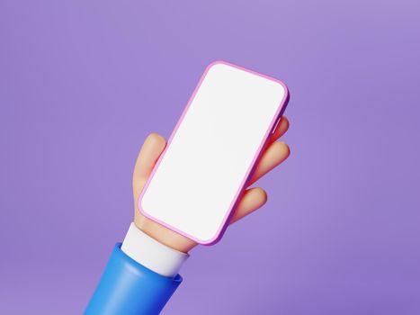 Businessman cartoon character hand holding smartphone with white isolated screen display on purple background. Man hand using mobile phone mockup. Minimal business concept. 3D illustration rendering