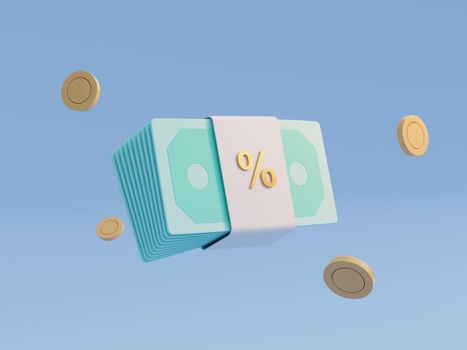 Banknotes bill money and coin on blue background. Bonus and Commission salary and wage concept. Online payment and banking symbol. Business economic and Financial theme. 3D illustration rendering.