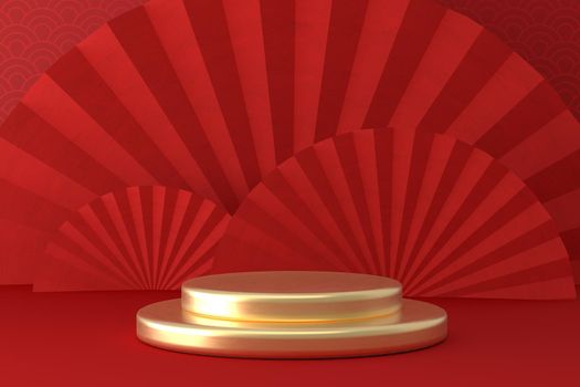Chinese New Year style red one podium product showcase with gold circular shape with China fold fan and pattern scene background. Holiday traditional festival concept. 3D illustration rendering
