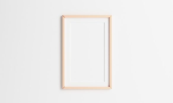 Wooden picture frame hanging on white wall background. 2:3 ratio photo frame size. 3D illustration rendering graphic interior design