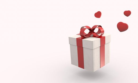 White gift box with red ribbon and many rainy heart falling from sky on isolated white background. Valentine Christmas holiday and Black Friday concept. Celebration and Birthday event. 3D illustration