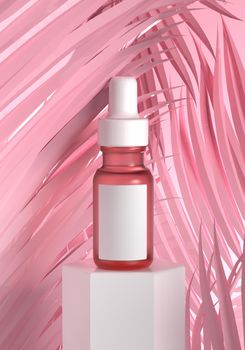 Cosmetic serum bottle mockup product with empty blank label on white stage and pink pastel leaves background. Health and makeup advertising skincare marketing concept. 3D illustration rendering
