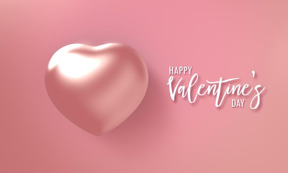 White Happy Valentines Day text invitation card with Diamond pearl heart shape on pink pastel background. Holiday and affection love concept. Greeting card and celebration theme. 3D illustration