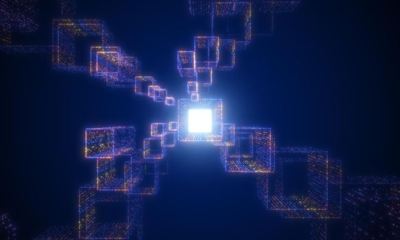 Digital glowing particles tunnel network abstract background. Futuristics technology and computer big data concept. Cyberspace and cyberpunk theme. 3D illustration rendering graphic design