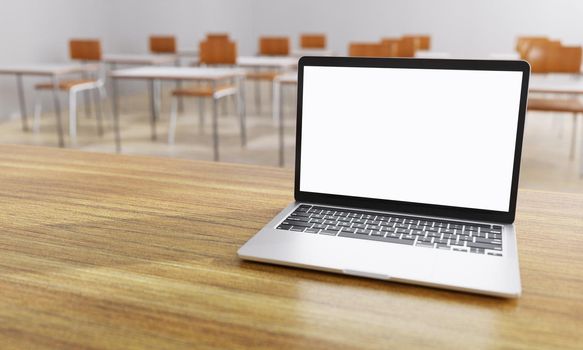 Close up of white isolated cut out laptop monitor display with classroom background. Education and telecommunication learning and lecture concept. Social distancing theme. 3D illustration rendering