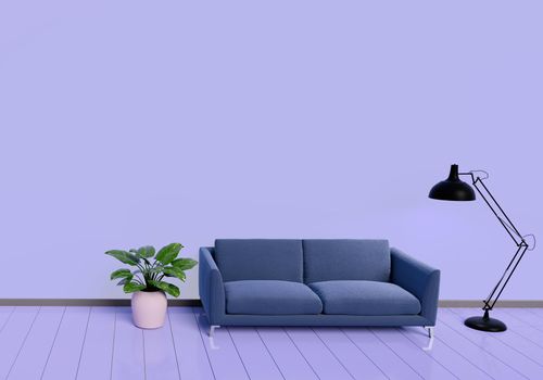 Modern interior design of purple living room with sofa an plant pot on white glossy wooden floor. Lamp element. Home and Living concept. Lifestyle theme. 3D illustration rendering.
