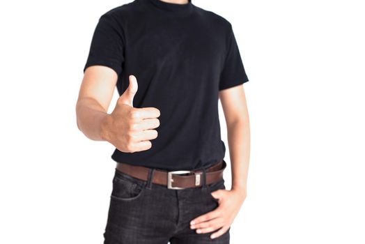 Man give thumbs up on isolated white background. Cheerful and success of people concept. Casual and Jeans theme