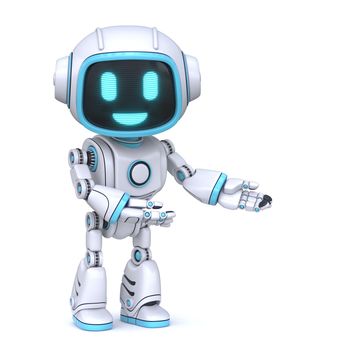 Cute blue robot welcoming gesture 3D rendering illustration isolated on white background