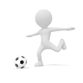 White man kicking soccer ball or football in competition match game. 3D illustration. People Model rendering graphic. isolated white background. Football league and World cup concept. Cartoon theme