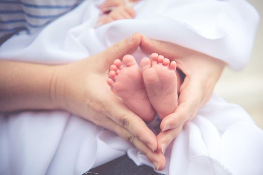 Mother holding newborn tiny and soft skin baby feet in both of hands. Love and affection concept. Maternity and health theme.