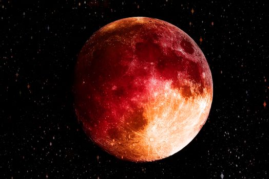 Super Blue Bloody moon in the galaxy background. Science and Planet concept. Full moon and Horror scene theme. Red moon. Elements of this image furnished by NASA