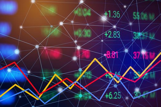 Stock market chart with line graph. Trend chart of bullish and bearish. Financial and Business Investment trading concept. Money currency and cryptocurrency theme. Business stock screen. Blue tone