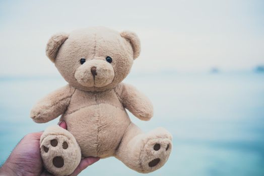 Bear doll in hands. Beach and sea background. Childhood and past memory concept. Happiness and lifestyle concept. Toy and soulmate theme. Dark ton film filter
