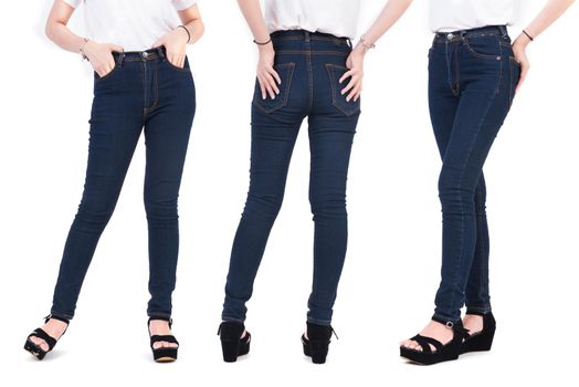 Close up lower body of beauty woman with fashion jeans and shoes. Trendy and New fashion concept. Isolated white background. Studio portrait.