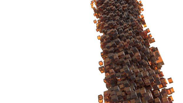 Storm of orange cubes falling from sky. Abstract and 3D concept. Isometric Geometry theme. Creative idea for modern design. Copy space or blank for insert text and message.