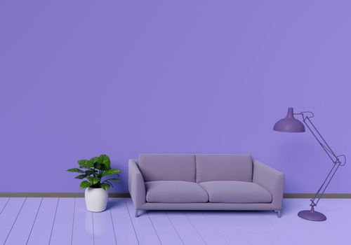 Modern interior design of purple living room with sofa an plant pot on white glossy wooden floor. Lamp element. Home and Living concept. Lifestyle theme. 3D illustration rendering.