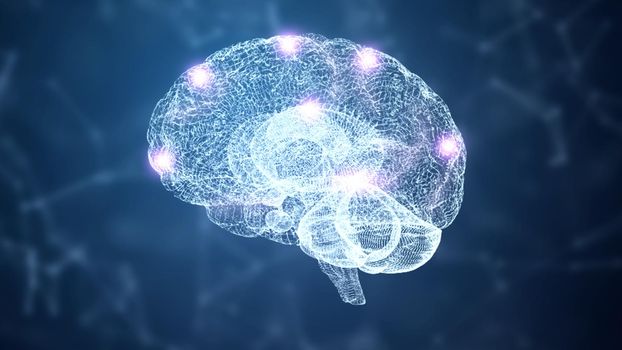 Abstract HUD brain and nervous system wireframe hologram simulation node with lighting on blue background. Nanotechnology and futuristics science concept. 3D illustration