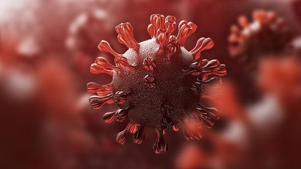 Super closeup Coronavirus COVID-19 in human lung body background. Science and microbiology concept. Red Corona virus outbreak epidemic. Medical health and virology. 3D illustration rendering