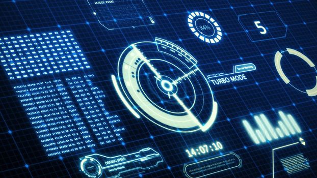 HUD driving car speed user interface computer screen display with pixels background. Blue abstract digital transformation hologram holographic technology concept. Sci-fi. 3D illustration rendering