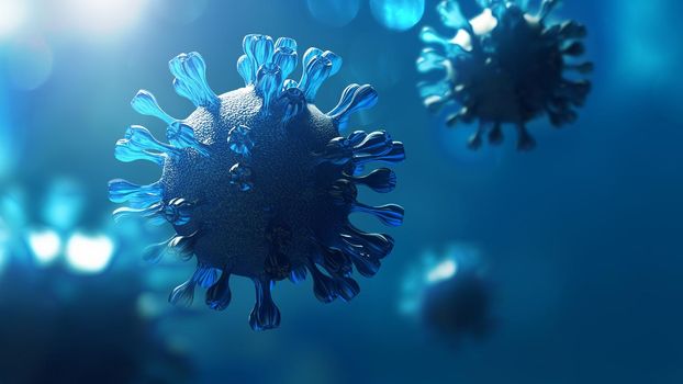 Super closeup Coronavirus COVID-19 in human lung background. Science micro biology concept. Blue Corona virus outbreak epidemic. Medical health virology infection researching. 3D illustration