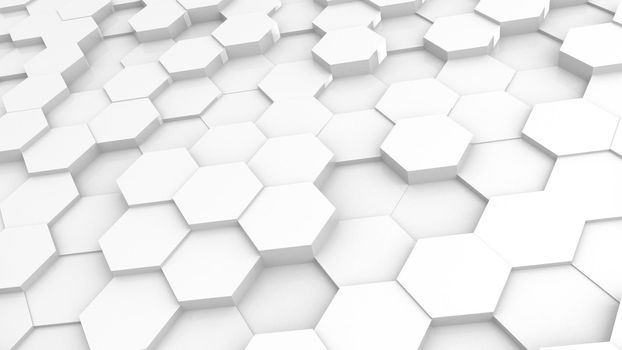 3D Futursitics rendering white abstract honeycomb random surface level background with lighting and shadow. Tilt angle