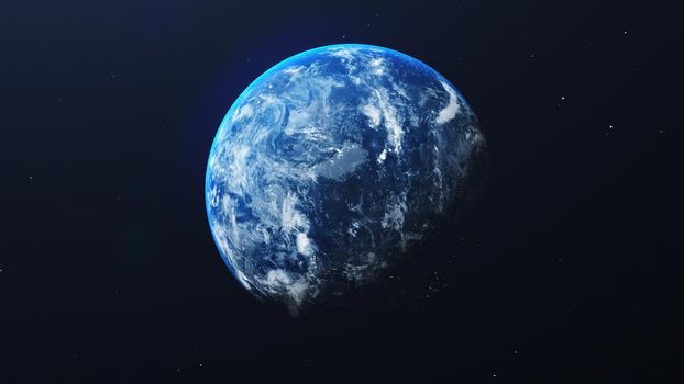 Earth in space view with shining sunrise in universe and galaxy background. Nature  and World environment concept. Science and globe. Fantasy sky atmosphere. 3D illustration render