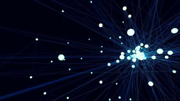 Abstract blue futuristic technology network node. Cable data line transmission links and communication structure concept. Neurons and electron theme element. 3D illustration.