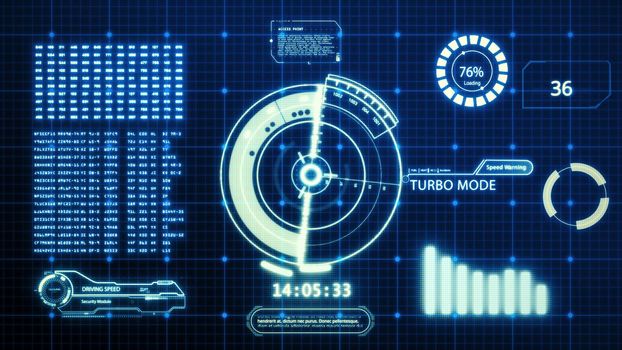 HUD driving car speed user interface computer screen display with pixels background. Blue abstract digital transformation hologram holographic technology concept. Sci-fi. 4K motion graphic footage