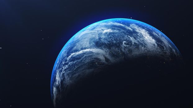 Earth in space view with shining sunrise in universe and galaxy background. Nature  and World environment concept. Science and globe. Fantasy sky atmosphere. 3D illustration render