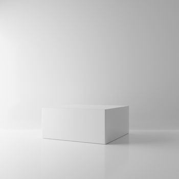 White rectangle block cube in empty room background. Abstract Interior architecture mockup concept. Minimalism theme. Studio podium platform. Business exhibition presentation stage. 3D illustration