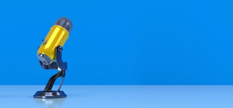 Yellow PODCAST Microphone on blue background. Entertainment and online video conference concept. 3D illustration rendering
