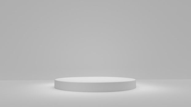 White product stand on white background. Abstract minimal geometry concept. Studio podium platform theme. Exhibition and business marketing presentation stage. 3D illustration rendering graphic design