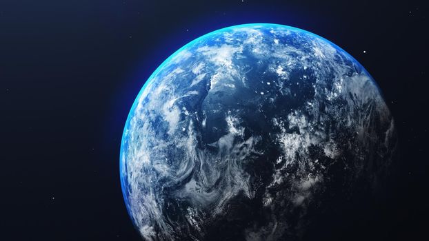Earth in space view with shining sunrise in universe and galaxy background. Nature  and World environment concept. Science and globe. Fantasy sky atmosphere. 3D illustration render