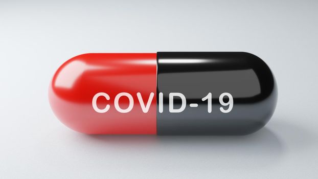 Closeup COVID-19 antiretroviral drugs capsule on white background. Medicine and Vaccine concept. Medical science healthcare. Antibiotic immunity researching. Red Black color. 3D illustration render