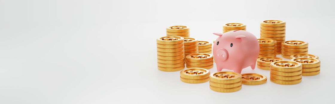 Piggy bank with gold coin on isolated white background. Panorama wide angle cover banner with copy space on left side. Money saving and business economic investment concept. 3D illustration rendering