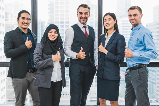 Portrait of business people group having confident in successful job in modern office background. People lifestyle and partnership colleague concept. Teamwork and cooperation diversity and multi-ethics