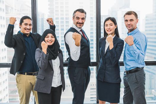 Portrait of business people group having confident in successful job in modern office background. People lifestyle and partnership colleague concept. Teamwork and cooperation diversity and multi-ethics