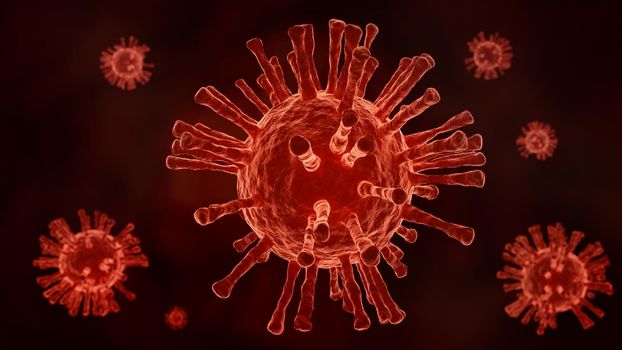 Closeup dark Coronavirus COVID-19 in human lung body background. Science microbiology concept. Red Corona virus outbreak epidemic. Medical health virology infection research. 3D illustration render