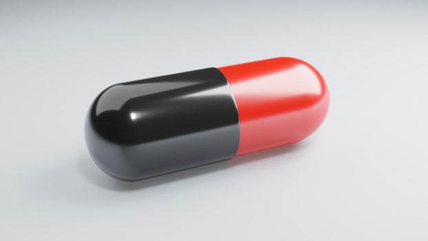 Closeup antiretroviral drugs capsule on white background. Medicine and Vaccine concept. Medical science healthcare. Antibiotic immunity researching. Red Black color. 3D illustration render